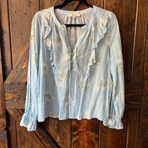 LOFT Soft Blue Floral Ruffle Blouse